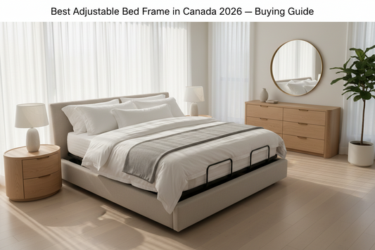 Adjustable bed frame in a bright modern Canadian bedroom with upholstered headboard and neutral bedding