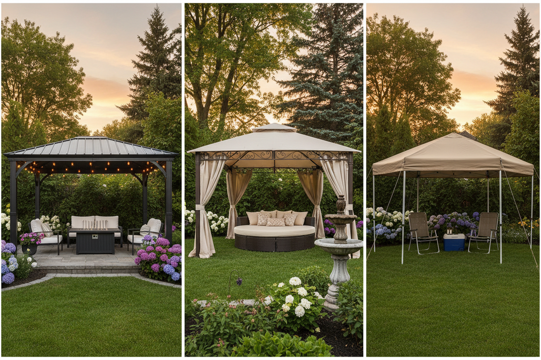 gazebo canada, hardtop gazebo, soft top gazebo, pop up gazebo, backyard gazebo, canadian backyard, gazebo buying guide, gazebo permits, snow load