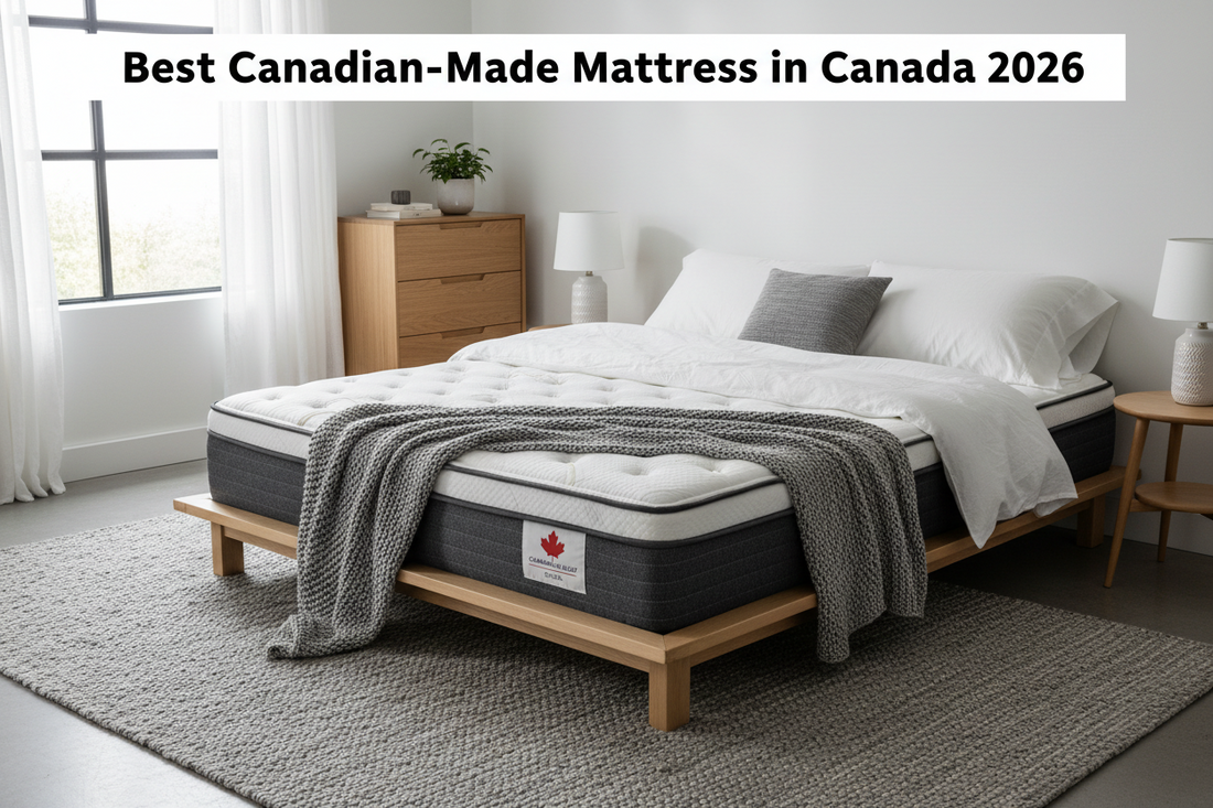 Hamuq hybrid mattress with a small Canadian flag label on a light wood bed frame in a bright Canadian bedroom