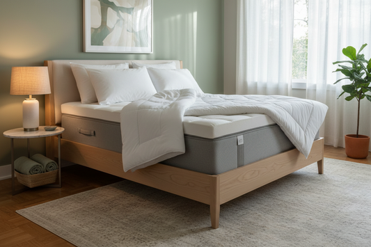 Hybrid mattress with pillows, folded sheets and a mattress protector in a modern Canadian bedroom