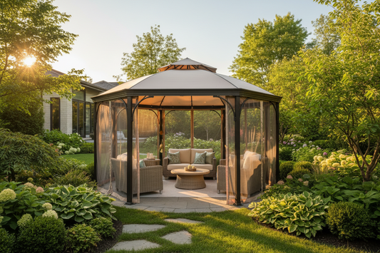 Best outdoor gazebo with mosquito netting in a Canadian backyard, showing screened seating and outdoor protection