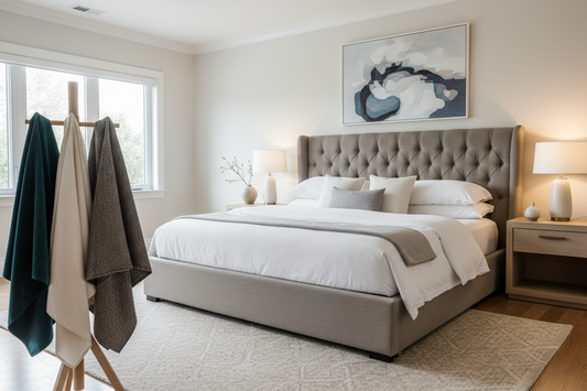 Green upholstered bed frame in a bright Canadian bedroom with a tall padded headboard
