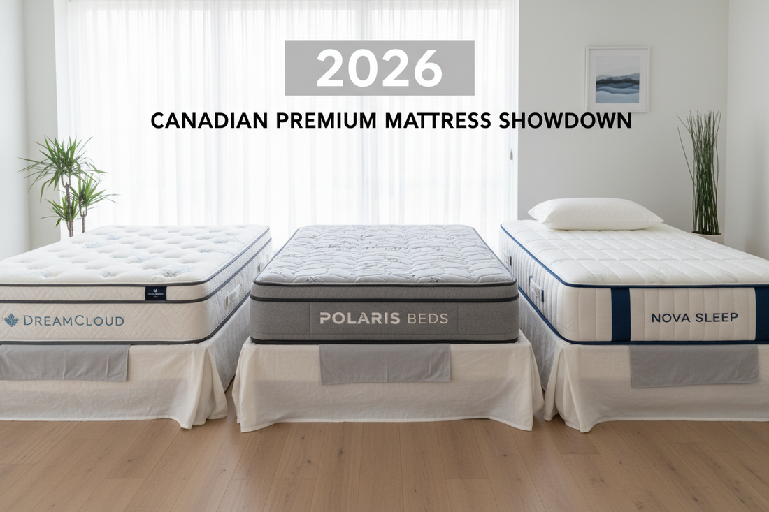 Three Canadian mattresses side by side in a bedroom for a 2026 Douglas vs Endy vs Silk & Snow comparison