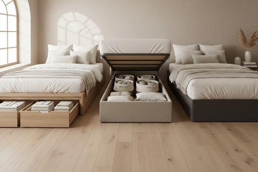 Upholstered storage bed frame with an open drawer in a bright Canadian condo bedroom