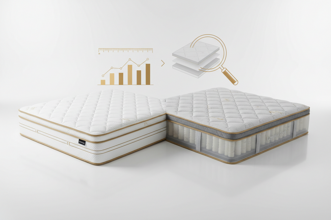 Two white hybrid mattresses side by side with a magnifying glass and chart, comparing Hamuq and Logan and Cove