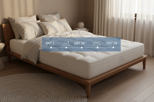 Mattress break-in timeline from Day 1 to Day 90 on a white hybrid mattress in a Canadian bedroom