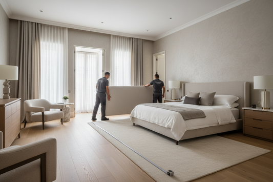 Two movers carrying a mattress into a bedroom, with a tape measure stretched across the floor